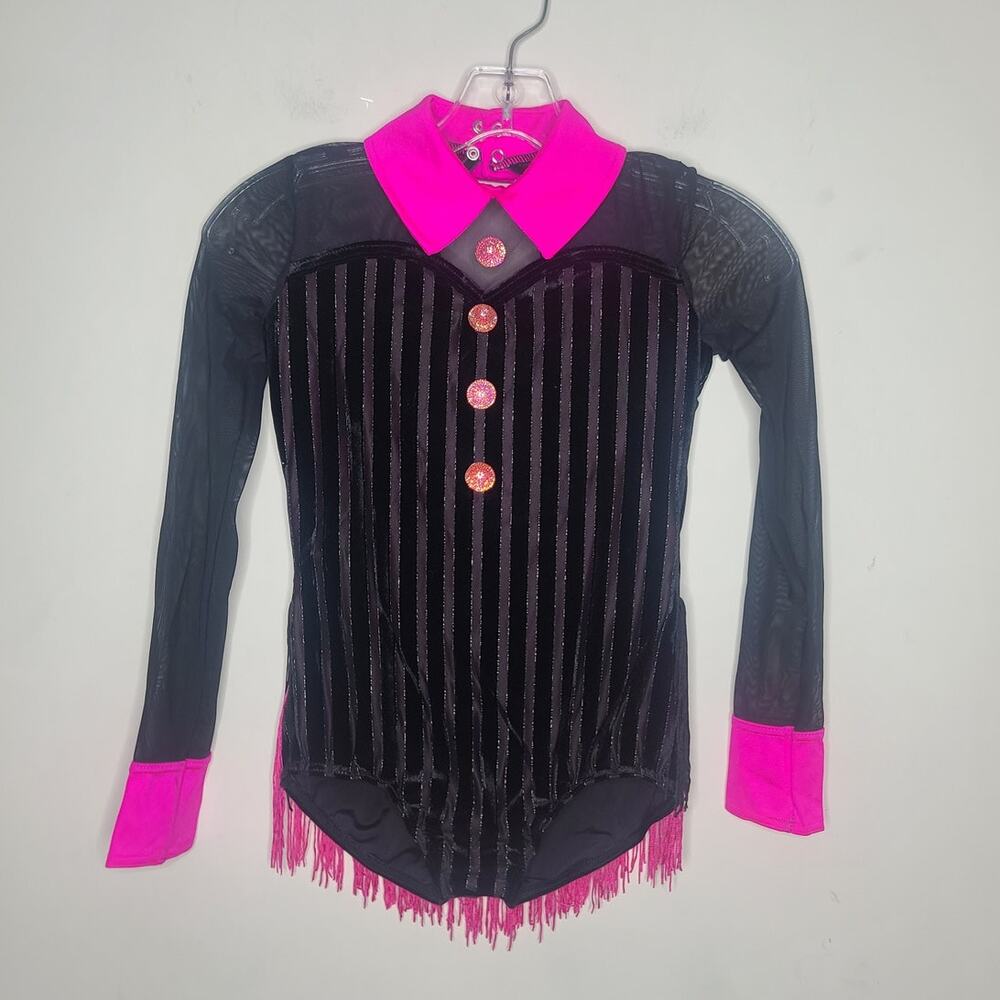 Weissman Dance pink and black velvet stripe shirt dress costume  MC medium child